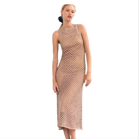 ZARA Metallic Thread Openwork Knit Dress/coverup In Neutral/gold. Size Small - Picture 2 of 16